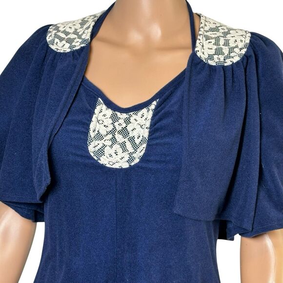 Vtg Blue Dress W/ Shrug 70s 80s Maxi Lace Bell Sleeve Halter Boho Hippie Regency - Picture 5 of 14